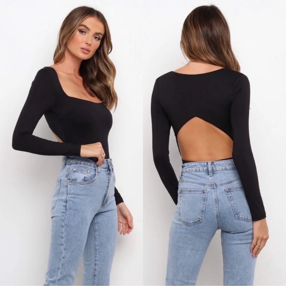 Petal & Pup Black Bodysuit Long Sleeve Open Back Square Neck Size 6
